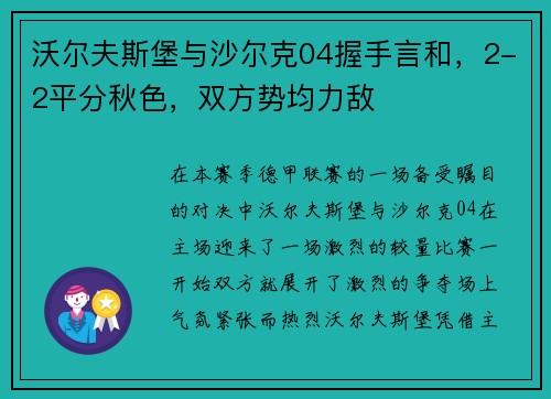 沃尔夫斯堡与沙尔克04握手言和，2-2平分秋色，双方势均力敌